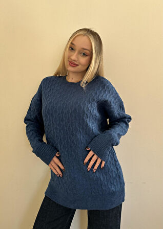 Şardonlu Yumoş Bisiklet Yaka Kazak-Saks Mavi