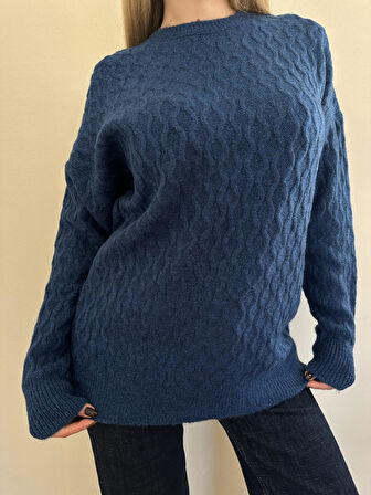 Şardonlu Yumoş Bisiklet Yaka Kazak-Saks Mavi