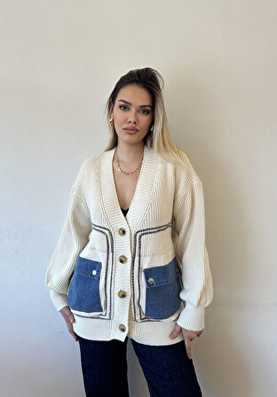 Jean Detaylı Lüx Kalite Tasarım Ceket-Ekru