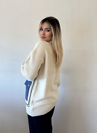 Jean Detaylı Lüx Kalite Tasarım Ceket-Ekru