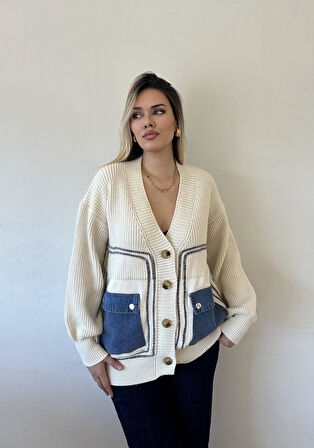 Jean Detaylı Lüx Kalite Tasarım Ceket-Ekru