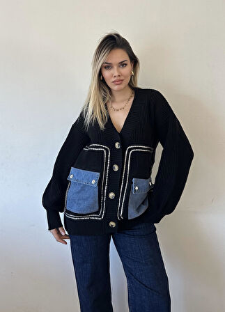 Jean Detaylı Lüx Kalite Tasarım Hırka-Siyah