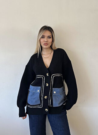 Jean Detaylı Lüx Kalite Tasarım Hırka-Siyah