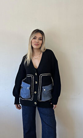 Jean Detaylı Lüx Kalite Tasarım Hırka-Siyah