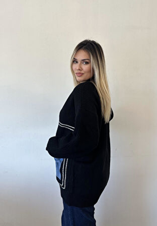 Jean Detaylı Lüx Kalite Tasarım Hırka-Siyah