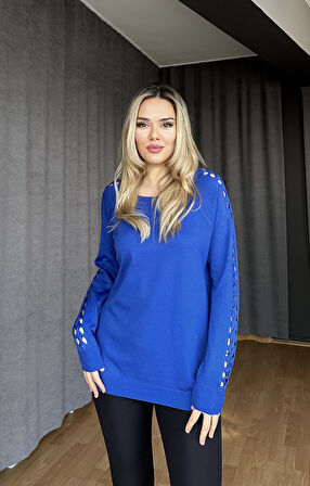 Kolu Saç Örgülü Triko Kazak-Saks Mavi