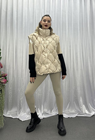 Puffer Oversize Yelek-Bej