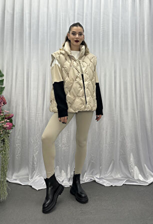 Puffer Oversize Yelek-Bej