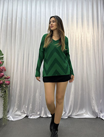 Desenli Yırtmaçlı Triko Kazak - Yeşil