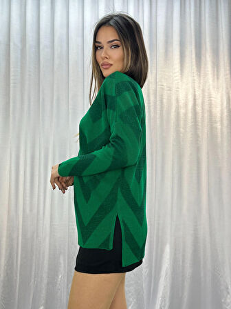 Desenli Yırtmaçlı Triko Kazak - Yeşil