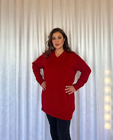 Tunik V Yakalı Triko Kazak-Kiremit Rengi