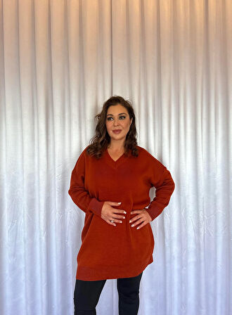 Tunik V Yakalı Triko Kazak-Kiremit Rengi