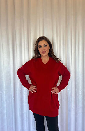 Tunik V Yakalı Triko  Kazak-Kırmızı
