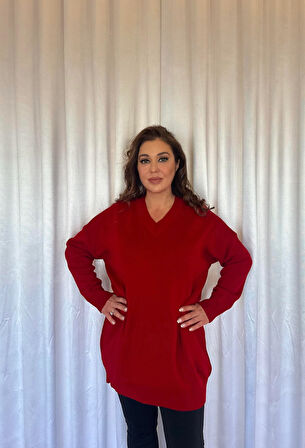Tunik V Yakalı Triko  Kazak-Kırmızı