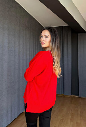 V Yaka Triko Kazak-Kırmızı