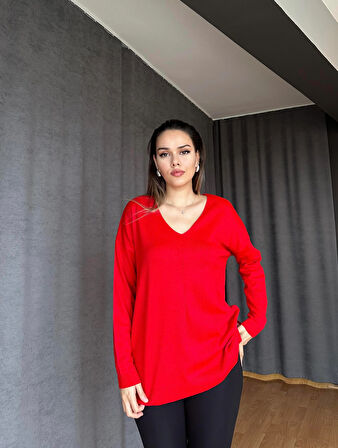 V Yaka Triko Kazak-Kırmızı