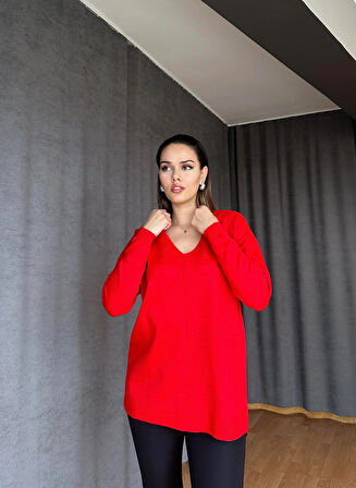 V Yaka Triko Kazak-Kırmızı