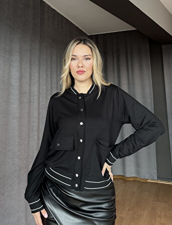 Ribanalı Çıtçıtlı Sweat Ceket-Siyah