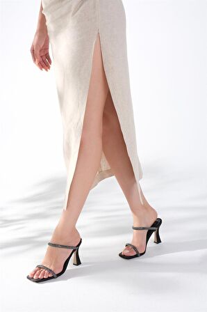 Kadın Taşlı Çift Bantlı Arlası Açık Abiye Ayakkabı Siyah Saten