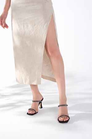 Kadın Taşlı Çift Bantlı Arlası Açık Abiye Ayakkabı Siyah Saten