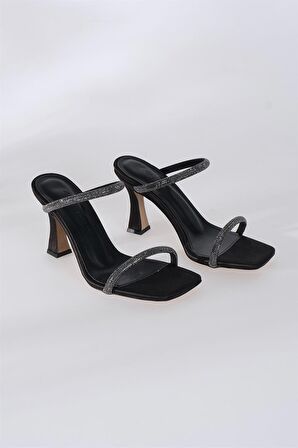 Kadın Taşlı Çift Bantlı Arlası Açık Abiye Ayakkabı Siyah Saten