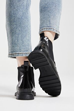 Kadın Yanları Streç Loafer Bot Siyah Kırışık Rugan