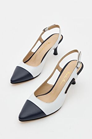 Kadın Hakiki Deri Topuklu Ayakkabı Beyaz - Lacivert