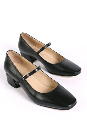 Kadın Hakiki Deri Üstten Bantlı Topuklu Ayakkabı Siyah