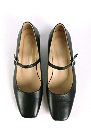 Kadın Hakiki Deri Üstten Bantlı Topuklu Ayakkabı Siyah