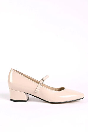 Kadın Hakiki Deri Üstten Bantlı Topuklu Ayakkabı Kemik Rugan