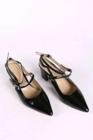 Kadın Hakiki Deri Arkası Açık Topuklu Ayakkabı Siyah Rugan