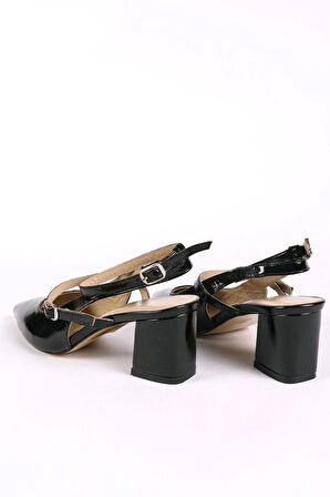 Kadın Hakiki Deri Arkası Açık Topuklu Ayakkabı Siyah Rugan