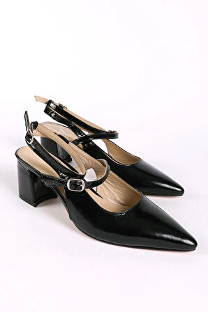 Kadın Hakiki Deri Arkası Açık Topuklu Ayakkabı Siyah Rugan