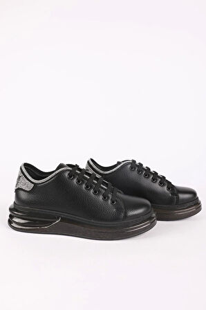 Kadın Taş Detaylı Bağcıklı Dolgu Taban Sneaker Siyah