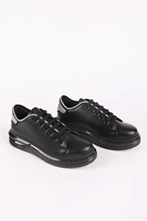 Kadın Taş Detaylı Bağcıklı Dolgu Taban Sneaker Siyah