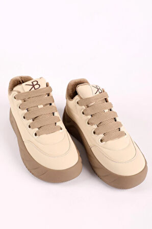 Kadın Kalın Taban Bağcıklı Sneaker Bej