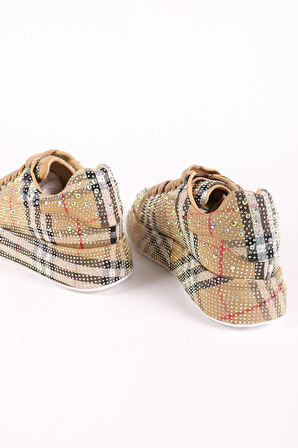 Kadın Bağcıklı Taş Detaylı Sneaker Camel
