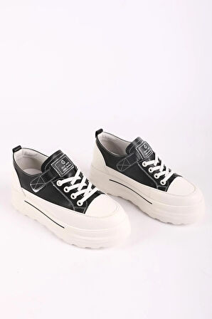 Kadın Dolgu Taban Bağcıklı Sneaker Siyah