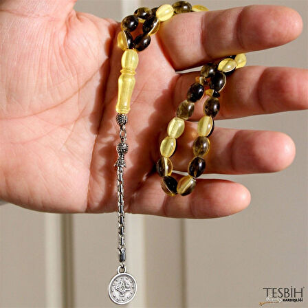 Tek Kamçılı İki Renkli Sıkma Kehribar Tesbih