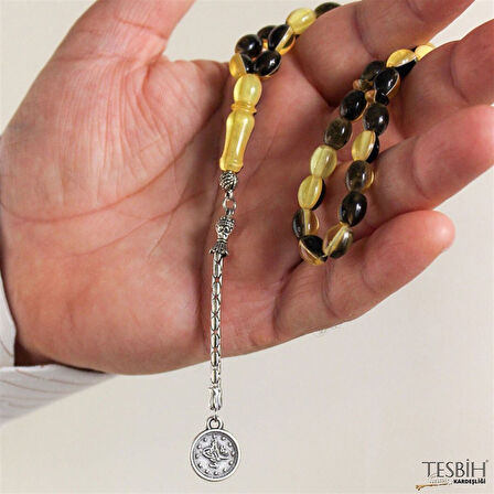 Tek Kamçılı İki Renkli Sıkma Kehribar Tesbih