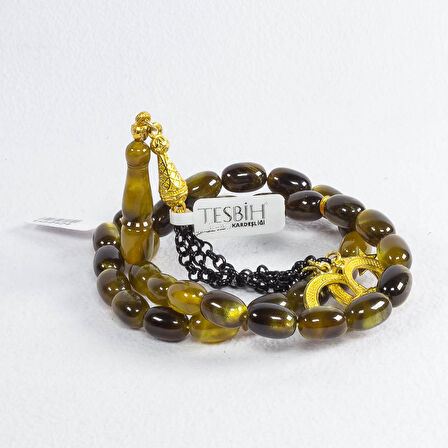 Fares İşçilikli Simli Yeşil Sıkma Kehribar Tesbih