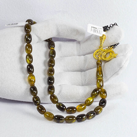 Fares İşçilikli Simli Yeşil Sıkma Kehribar Tesbih