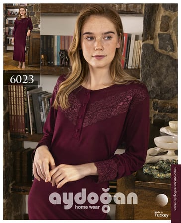 Aydoğan Kadın Dantelli Bordo Gecelik Uzun Kollu - 6023
