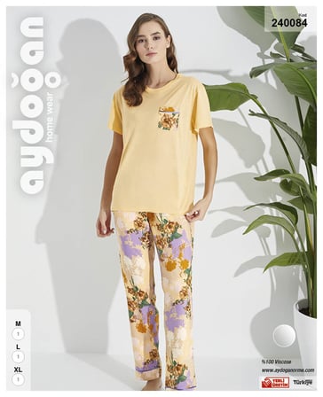 Aydoğan Kadın %100 Viskon Kısa Kol Uzun Bacak Çiçek Desenli Somon Pijama Takımı