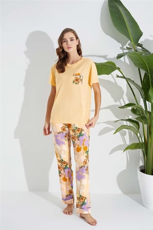 Aydoğan Kadın %100 Viskon Kısa Kol Uzun Bacak Çiçek Desenli Somon Pijama Takımı