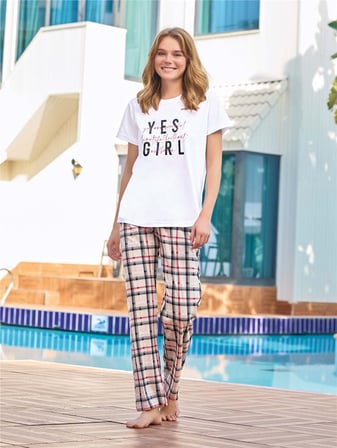Aydoğan Kadın %100 Pamuk  Kısa Kol Ekose Uzun Bacak Beyaz Pijama Takımı