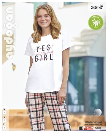 Aydoğan Kadın %100 Pamuk  Kısa Kol Ekose Uzun Bacak Beyaz Pijama Takımı