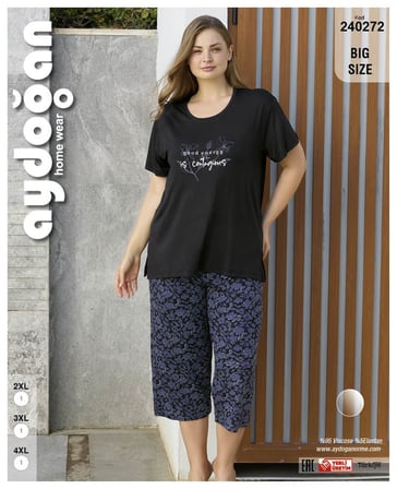 Aydoğan Kadın %95 Viskon %5 Esnek Kısa Kol Kapri Büyük Beden  Lacivert Pijama Takımı 