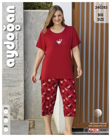 Aydoğan Kadın %95 Viskon %5 Esnek Kısa Kol Kapri Büyük Beden Kırmızı Pijama Takımı 