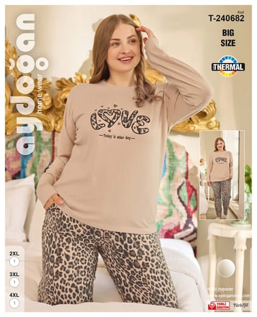 Aydoğan Kadın Bej Leopar Desenli Büyük Beden Termal Pijama Takımı  